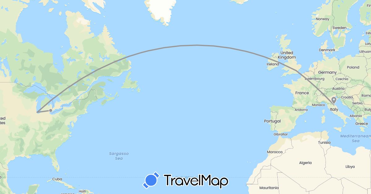 TravelMap itinerary: driving, plane in United Kingdom, Italy, United States (Europe, North America)